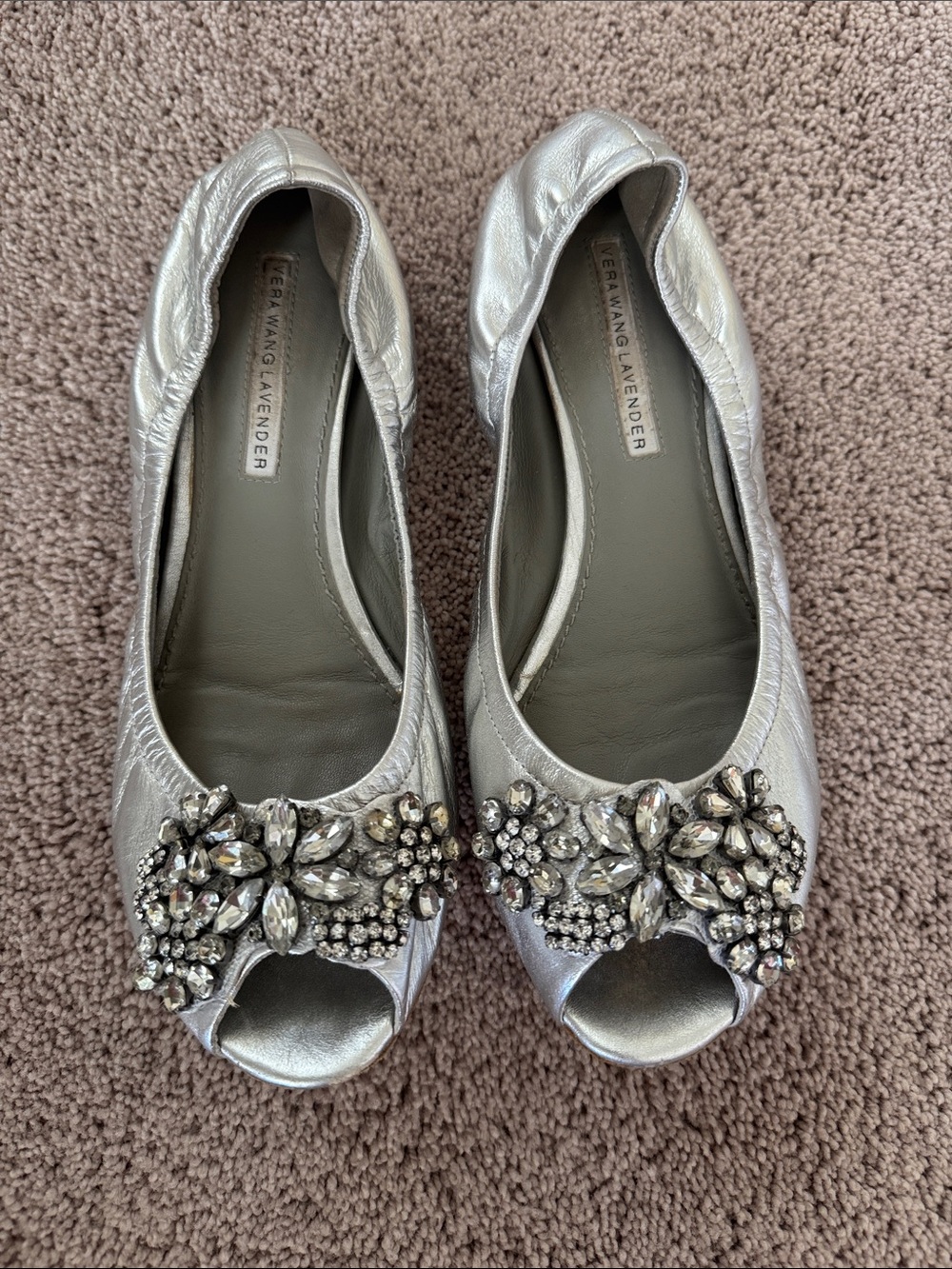 Vera Wang Lavender Label Silver Jeweled Peep-Toe Flats